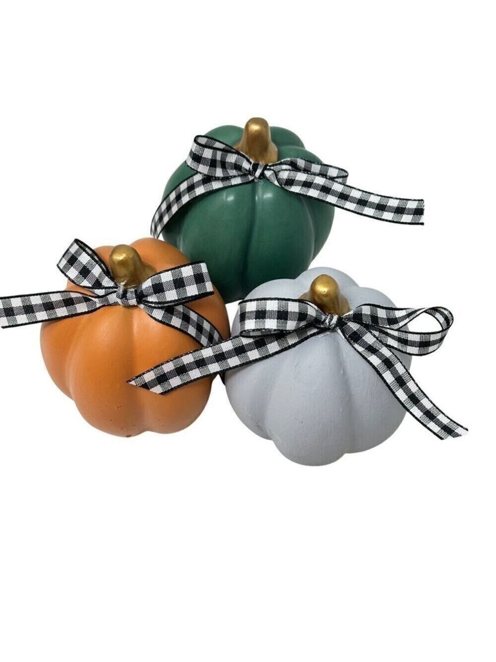 Mini Ceramic Pumpkins Set of 3 Orange Green Gray Hand Tied Bow Fall Decor Autumn